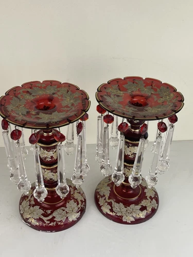 PAIR OF 19 C. HAND GOLD PAINTED RUBY MOSER LUSTERS LUSTRES OVERLAY MUSEUM G2U