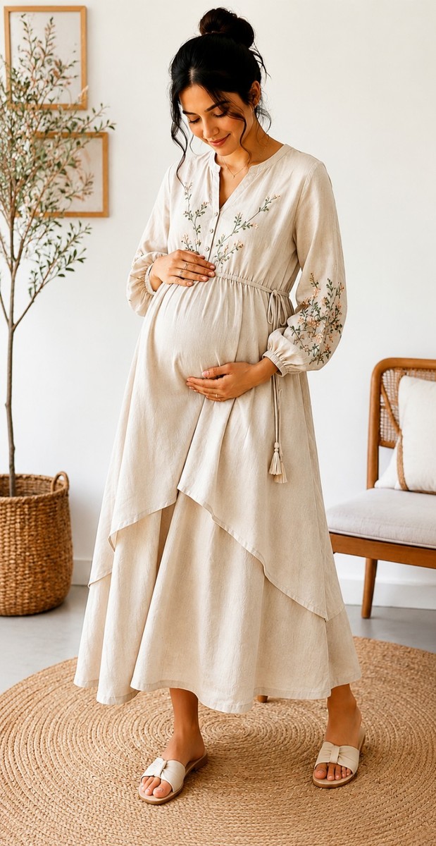 Maternity Linen Cotton Maxi Dress | Soft Embroidered Pregnancy Dress | Boutique