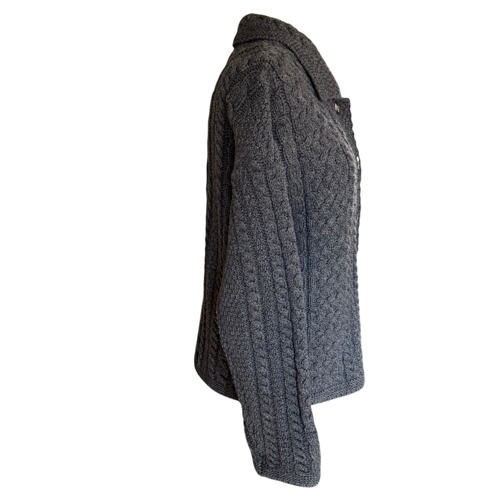 Aran Crafts Sweater Cardigan 100% Merino Wool Irish Gray Black Cable ...