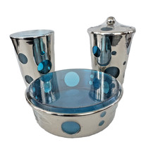 Silver Metal BATH SET Toothbrush Tumbler Soap Dish Cutouts GLASS liners NEW