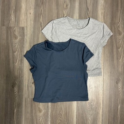 Eye Candy Fitted Cropped Tee Set Gray & Navy Blue Short Sleeve Stretch L