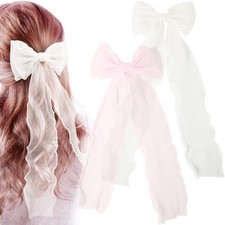 2pcs Hair Bow Clips for Women, Silk Yarn Pearl Long Tail Bow Barrette, Elegan...