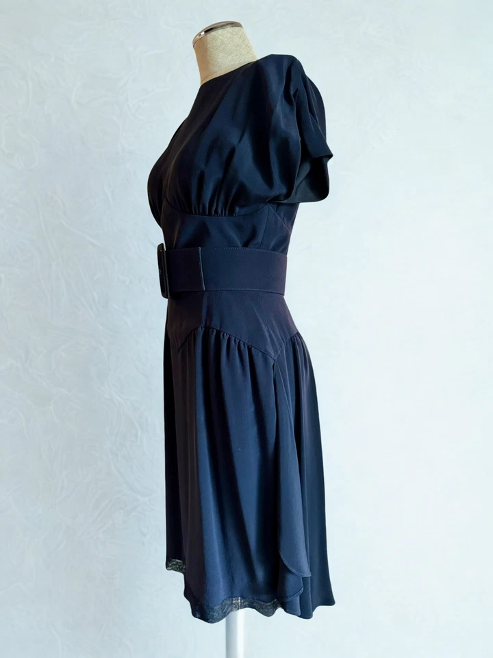 Karl Lagerfeld 80s Vintage Belted Navy Silk Midi Dress - Size 40 *FREE SHIPPING* - Image 2 of 4
