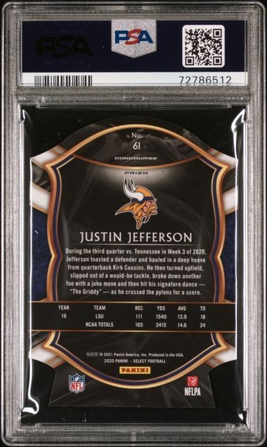 2020 Panini Select Concourse Justin Jefferson Light Blue Prizm Die-Cut #61 PSA 9 view 2