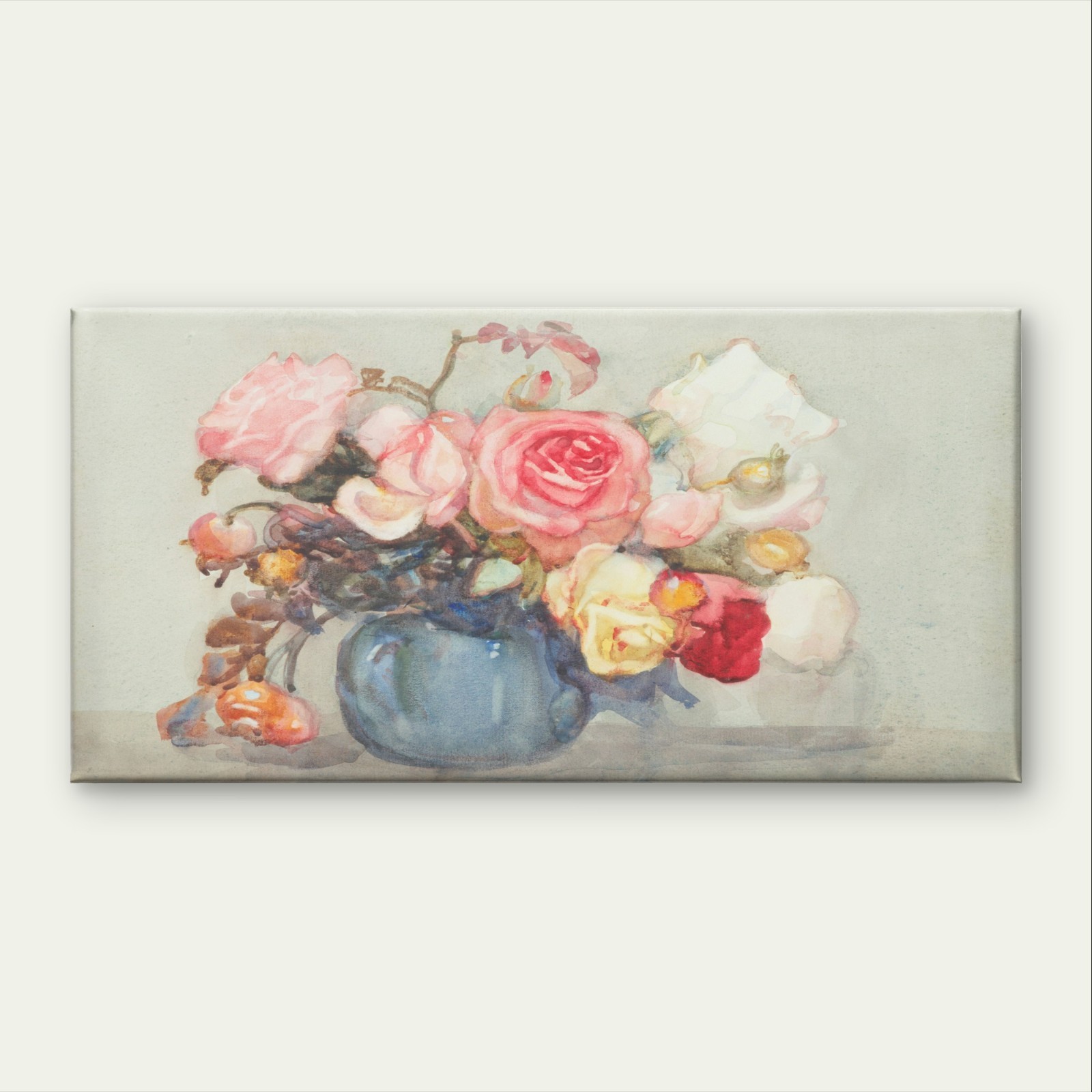 Vintage Watercolour Roses Pastel Wall Art Canvas Office Home Framed 120x60cm