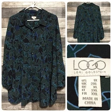 Logo By Lori Goldstein Blouse Women's 1X Floral Printed Boho Top Blue Green