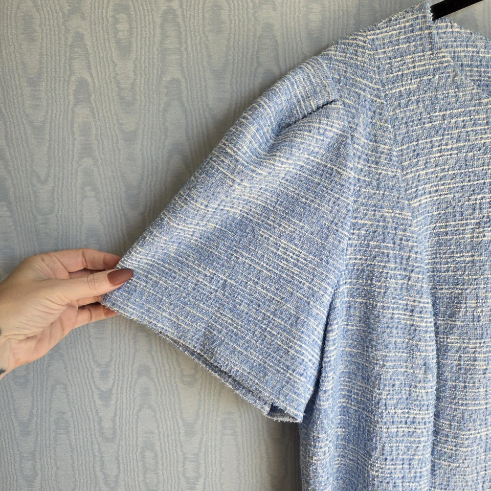 Calvin Klein 20W 弹力粗花呢袖口蓝色白色及膝紧身连衣裙 — 第 3/4 张图片