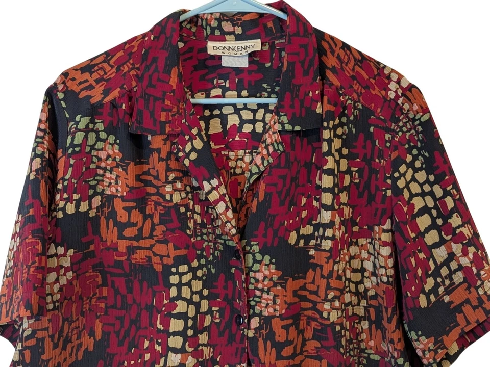 Blusa Donnkenny Mujer XL Roja Naranja Estampado Abstracto Gasa Botones Top Retro Foto 3 de 4
