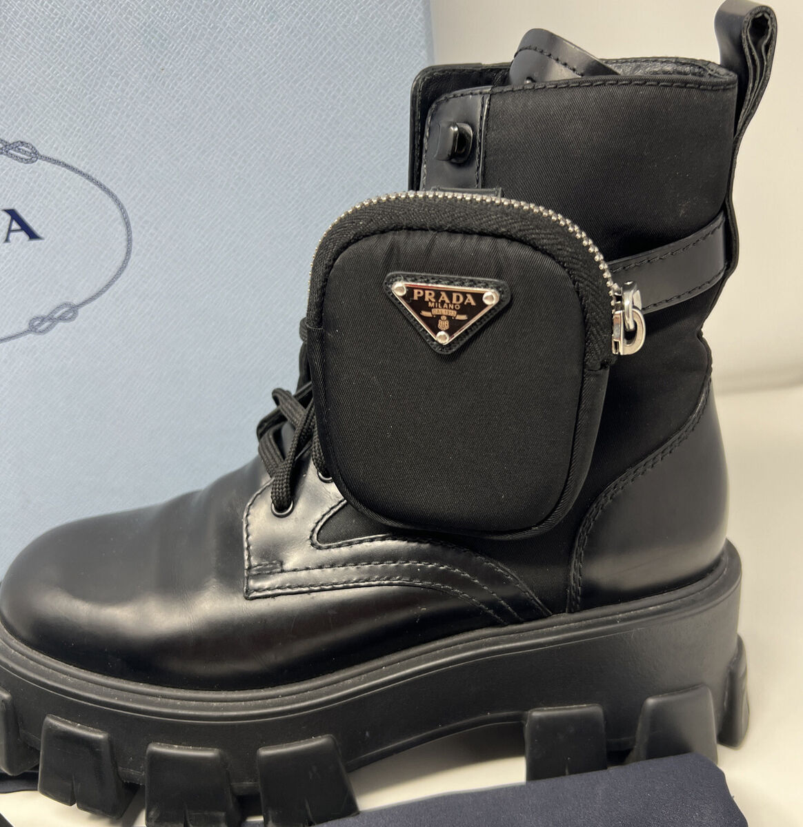 Prada Leather And Re-Nylon Boots With Pouch In Black - Size Prada Leather And Re-Nylon Boots With Pouch In Black - Size