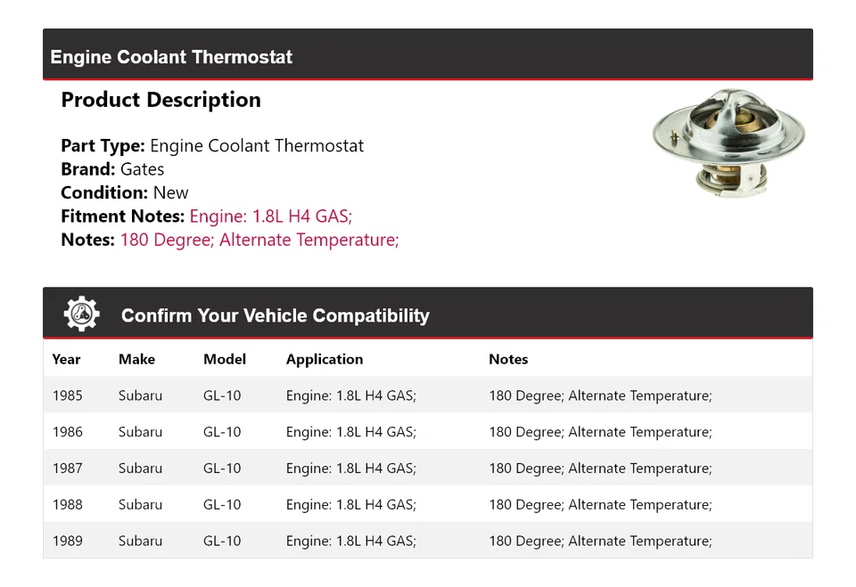 For 1985-1989 Subaru GL-10 1.8L H4 GAS Engine Coolant Thermostat Gates 1986 1987 - Image 2 of 4