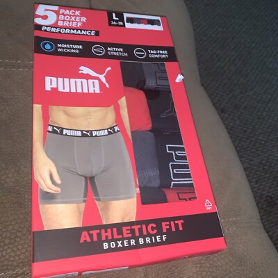Puma Mens 5 Pack Athletic Fit Performance Boxer Brief - Large | 36-38