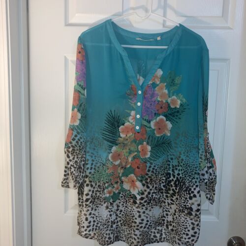Soft Surroundings Blouse Sheer Tropical Floral Sz XL Colorful