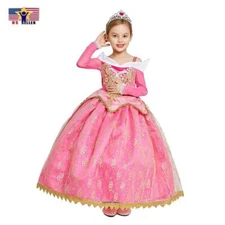Sleeping Beauty Aurora Princess Jacquard Kid Child Dress Pink Halloween Costume