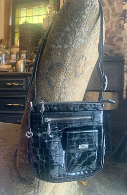Brighton Handbag Bag Black Patent Faux Leather Croco Croc Crossbody EUC