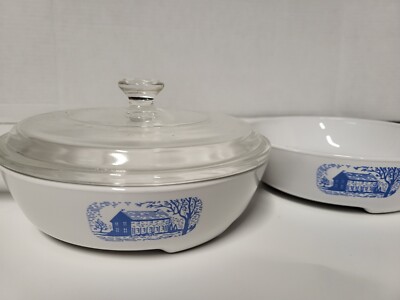 Pair Vintage CorningWare Colonial Blue Casseroles Dishes With Lid Made In USA 