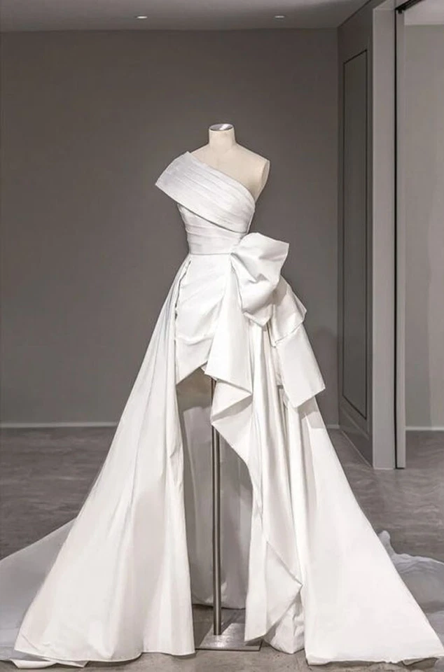 High-Low Elegant Wedding Dresses Satin One Shoulder White Ivory Bridal Gowns - Image 2 of 4