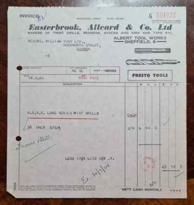 1961 Easterbrook, Allcard & Co, Ltd, Drills, Albert Tool Works, Sheffied Rechnung