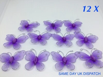 BITS & BOBS 12 X HANDMADE LILAC PURPLE SPARKLY BUTTERFLY EMBELLISHMENTS CARD MAKING CRAFTS