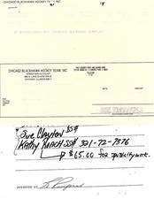 RARE 1/1 BOB PULFORD HOF AUTO. BLACKHAWKS STU GRIMSON 01/17/91 CHEQUE RECEIPT  !