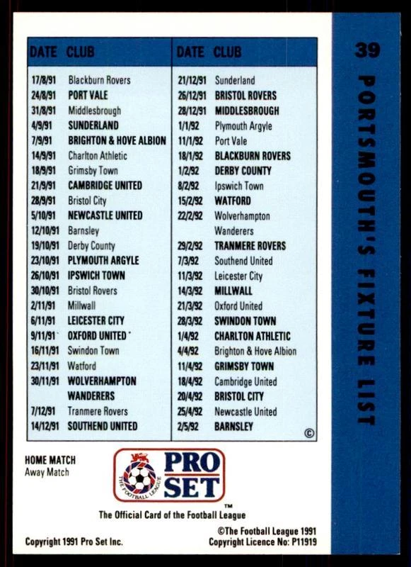 Pro Set Football Fixtures 1991-1992 Portsmouth Guy Whittingham #39 - Image 2 of 2