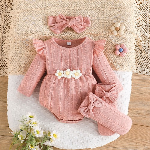 3PCS Infant Baby Girl Floral Ruffle Frill Romper Dress Headband Socks Outfit Set - Picture 11 of 27