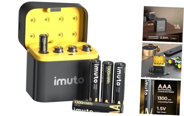 Rechargeable AAA Batteries Lithium 8 Pack with Fast Charger,1300mWh 1300-BLACK-image