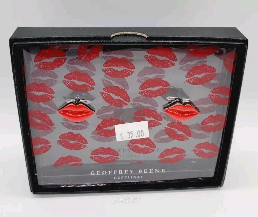 Gemelos Labios Rojos Hombre GEOFFREY BEENE Tono Plateado Esmalte ROJO - ¡Nuevos En Caja! Foto 3 de 4