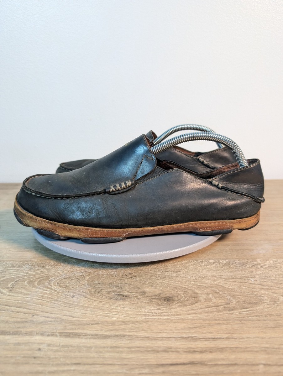OluKai Moloa Black Leather Casual Slip On Shoes Men display picture 1