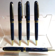 LOT OF 5 TERZETTI PISA BLUE MARBLE/GOLD TRIM BALLPOINT-HEAVY /BRASS BODY+POUCH
