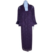 R&M Richards NWT Size 14 W Purple Twinset 2 pc Jacket & Long Dress Beaded Formal