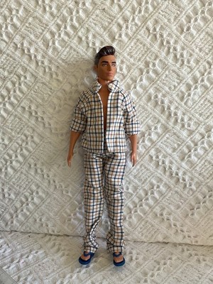 Ken Sized Blue & Tan Flannel Pajamas Top & Bottom Handmade No Closure Flip Flops