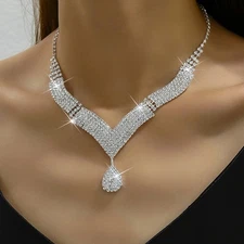 2Pcs Fashionable Rhinestones Necklaces Earrings Jewelry Sets Women's Accessories