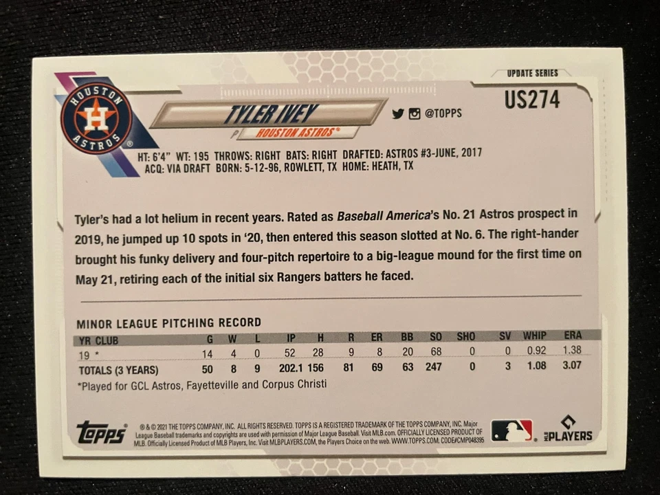Tyler IVEY RC 2021 Topps Update Series #US274 Houston Astros - Image 2 of 2