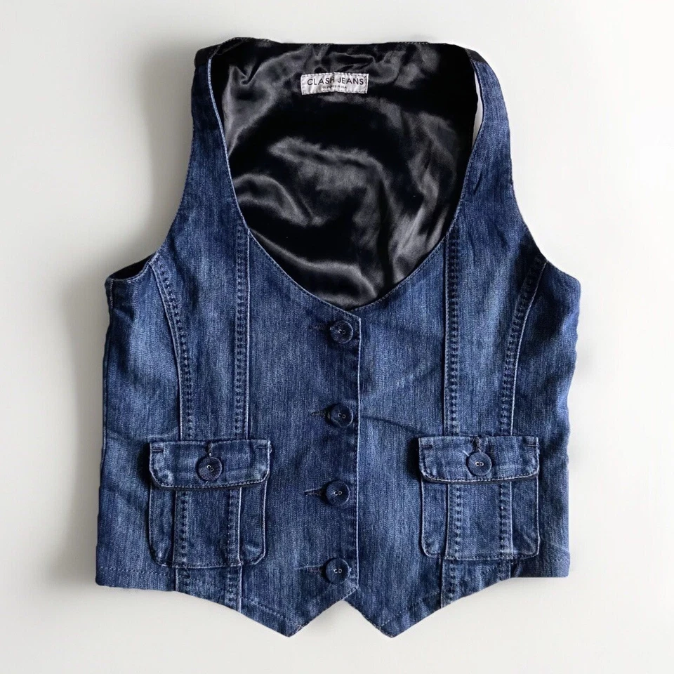 Женская джинсовая ткань Western костюм жилет кнопка спереди жилет зажим назад v-образным вырезом столкновение - Изображение 3 из 4