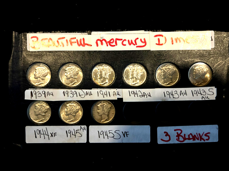 7 AU, MERCURY DIMES, 1 XF & 1VF , FULL BANDS ON 7 COINS ; REAL BEAUTIES !