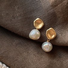 Earrings Baroque Pearl Drop Gold Plated French Vintage Asymmetrical Dangle Gift