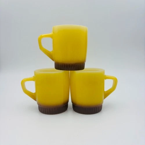 Vintage Anchor Hocking Fire King Ware Coffee Cup Mugs Yellow Brown Ribbed Bottom