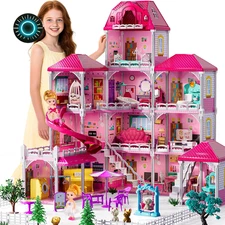Villa Playset for Girls Ages 3-7 4-Story 12 Room House with 2 Dolls Furniture