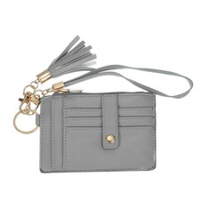 Slim Wallets Wristlet for Women, Card Case Metal Keychain with Tassel, Gray
