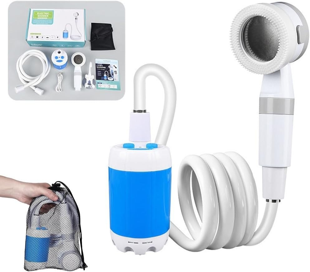 Bomba de ducha portátil para camping, rociador de cabezal de ducha recargable al aire libre, con manguera