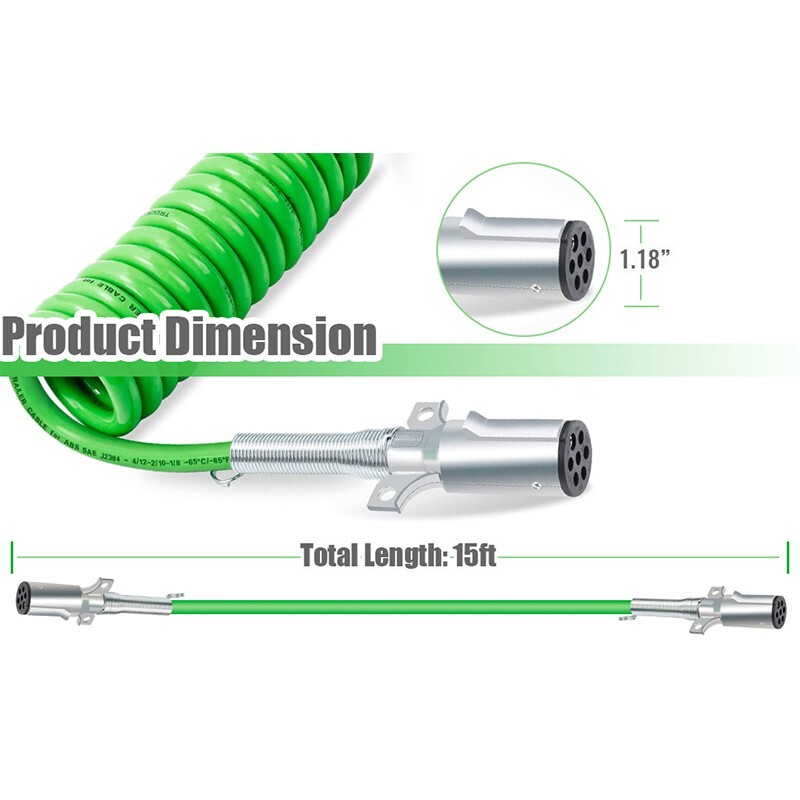 7 Way ABS Trailer Coiled Cord Cable 15ft Green Line Electric Power Wire