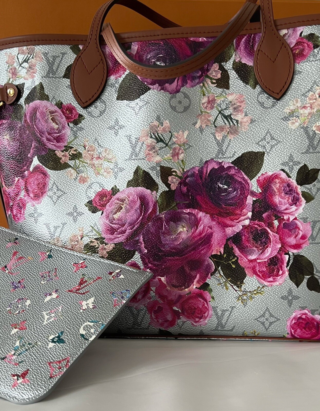 LOUIS VUITTON NEVERFULL MM GARDEN FLOWER ROSES SILVER BAG NEW, RARE image 5