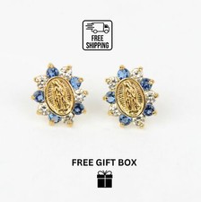 14K Solid Yellow Gold Guadalupe Virgin Mary Screw Back CZ Stud Earrings