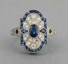 1ct Oval Cut Blue Sapphire  CZ Art Deco Fine Engagement Ring in Sterling Silver