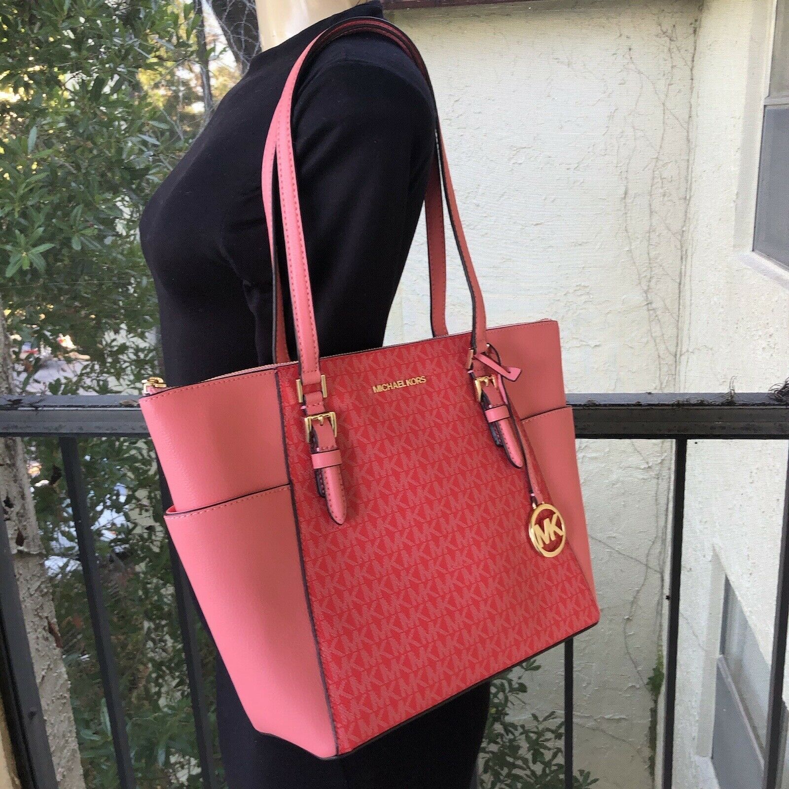 Michael Michael Kors Charlotte Large Logo and Leather Top Zip Tote Bag