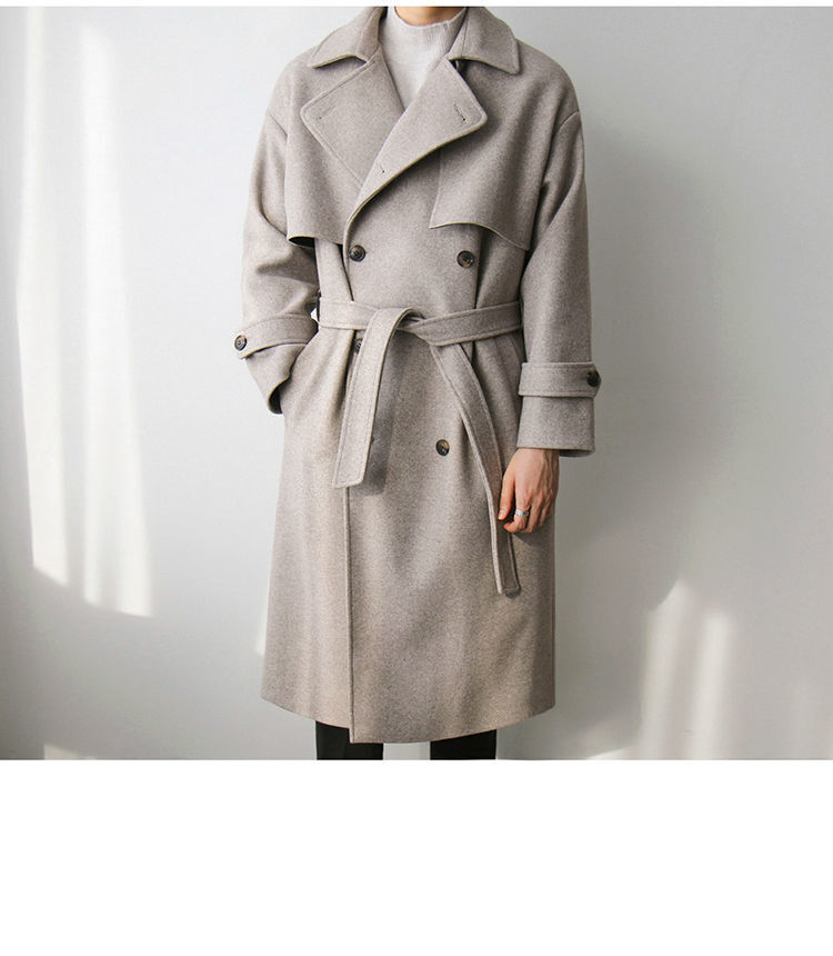 Wool Parka Mens Mid Long Thick British Style Double Breasted Belted