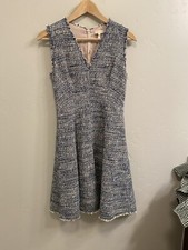 Rebecca Taylor Women’s Sz 2 XS Blue V-Neck Raw Edge Tweed Sleeveless Dress $495