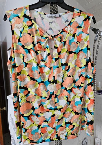 NWT Kasper Women's Sleeveless Blouse with Top Knot Keyhole Opening Papaya Mix 3X