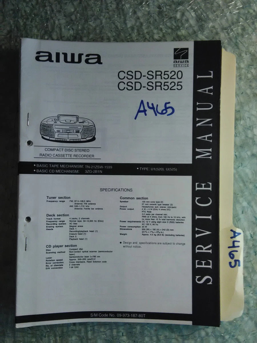 Aiwa csd-sr520 sr525 service manual original repair book stereo radio cd player