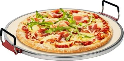 LUND Pizzastein aus Cordierit Backstein Brotbackstein Rund Keramik Ø 32cm mit Griffen